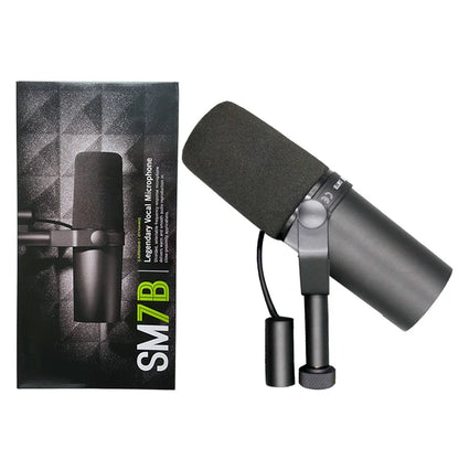 Black sm7b professional dynamic cardioid microphone with foam windscreen and metallic finish for live vocals recording