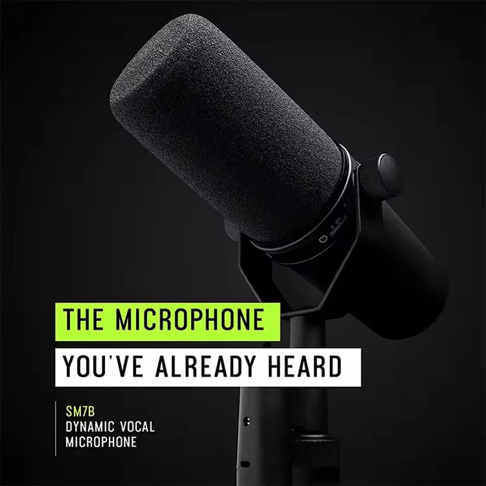 Black sm7b professional dynamic cardioid microphone with textured foam windscreen and metallic accents for live vocals recording