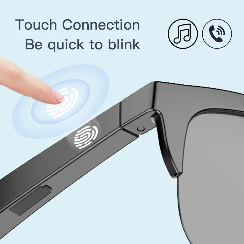Black-framed smart glasses with fingerprint sensor touch panel for quick connectivity in outdoor sports headphones hifi