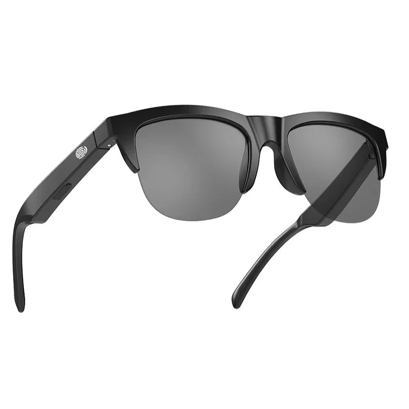 Black technology anti-touch outdoor sports headphones sunglasses glasses with black frame and dark gray mirrored lenses