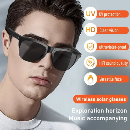 Black-framed wireless solar glasses with dark lenses featuring black technology anti-touch and sports headphones hifi for outdoor use