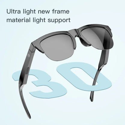 Black-framed sunglasses glasses with dark gray lenses featuring black technology anti-touch for outdoor sports headphones use