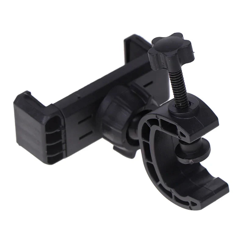 Black plastic bike mount with adjustable clamp and star-shaped knob for 360 degree rotating universal microphone supporting stand