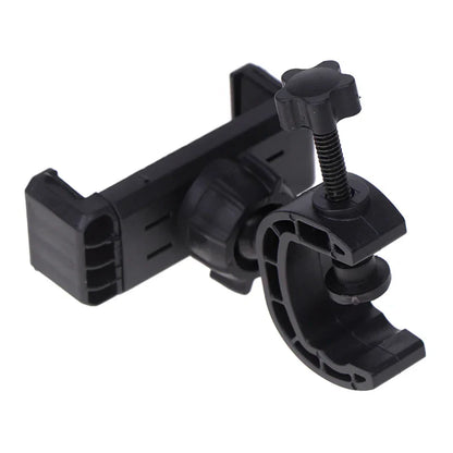 Black plastic bike mount with adjustable clamp and star-shaped knob for 360 degree rotating universal microphone supporting stand