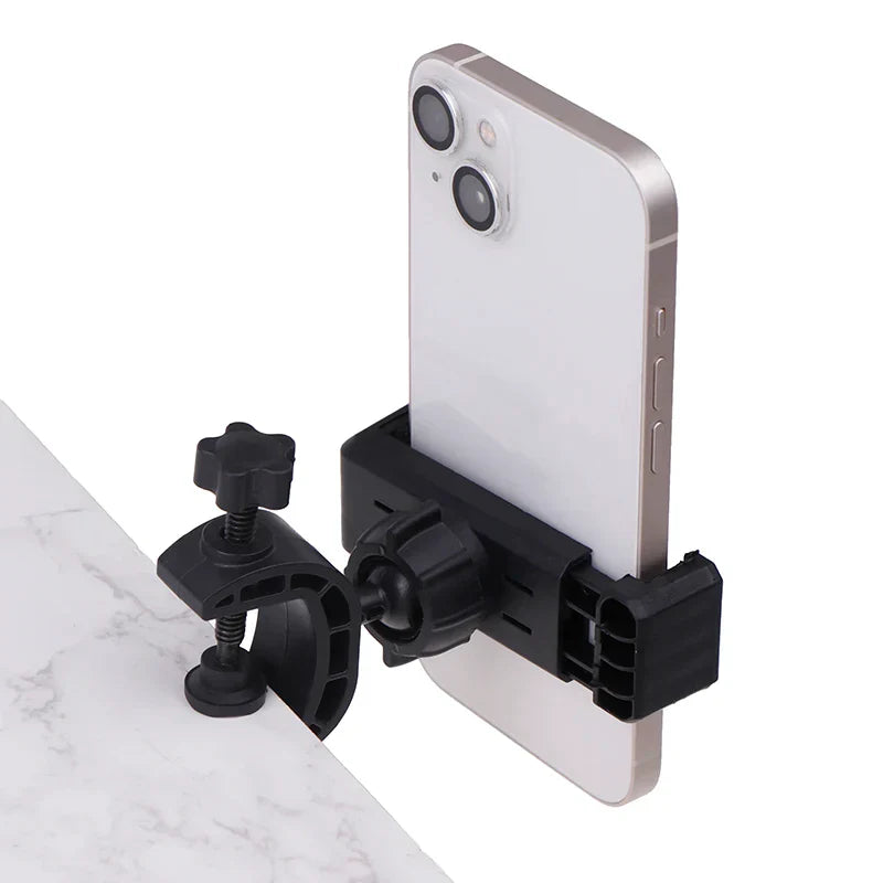 Black plastic phone clamp holding silver iphone on 360 degree rotating universal microphone supporting stand