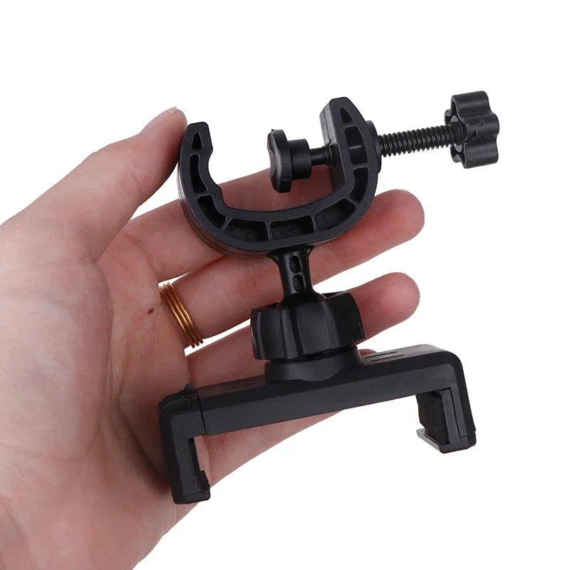 Black plastic phone mount with adjustable clamp and screw mechanism for 360 degree rotating universal microphone supporting stand