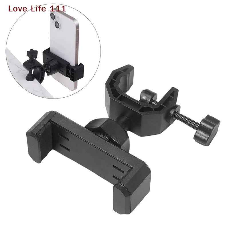Black plastic phone mount with adjustable clamp and screw mechanism for 360 degree rotating universal microphone supporting stand