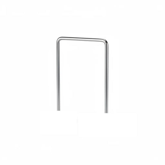 A sleek chrome u-shaped metal binder clip with rounded edges for a solid walnut vinyl record holder adjustable display