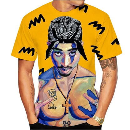 Yellow t-shirt featuring a vibrant fashion 2pac graphic with blue face paint and black bandana for harajuku men designer clothes