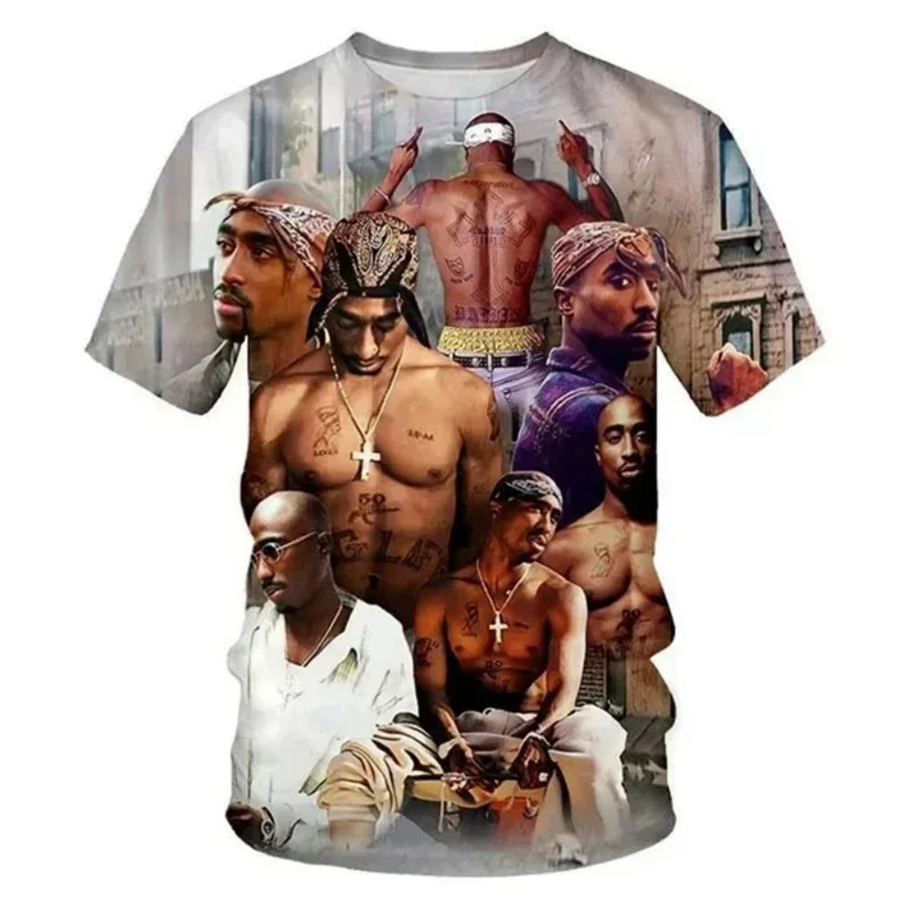 White short-sleeved harajuku men t-shirt with fashion 2pac graphic featuring layered 3d-print for man designer clothes