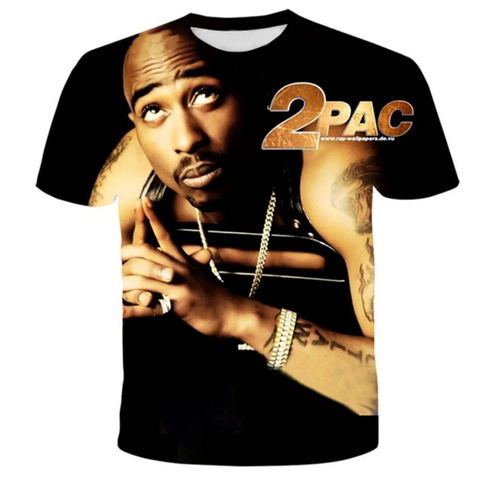 Black short-sleeved cotton t-shirt featuring a detailed 3d-printed fashion 2pac graphic and gold 2pac logo for harajuku men designer clothes