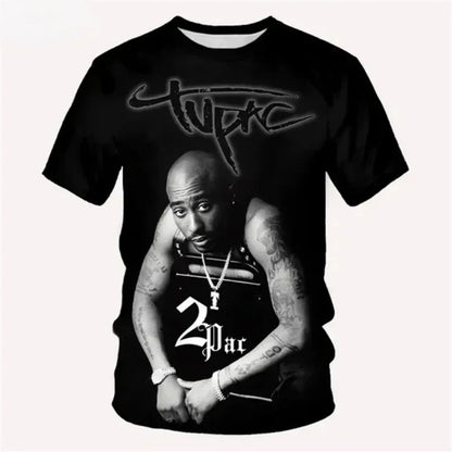 Black short-sleeved t-shirt with fashion 2pac graphic print for harajuku men and man designer clothes summer fashion