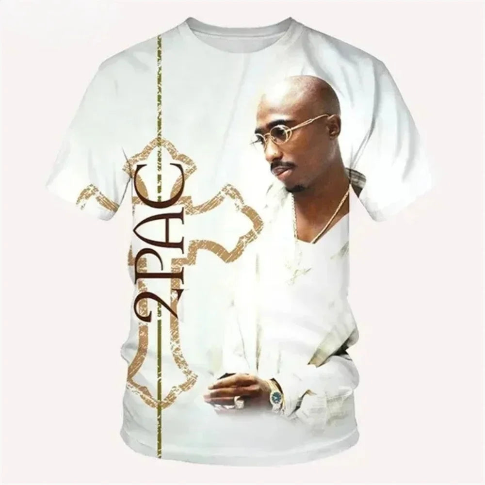 White short-sleeved fashion 2pac graphic t-shirt for harajuku men featuring gold-trimmed text and designer style man clothes