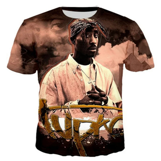 A short-sleeved harajuku men t-shirt featuring a sepia 2pac graphic and stylized gold tupac lettering for man designer clothes