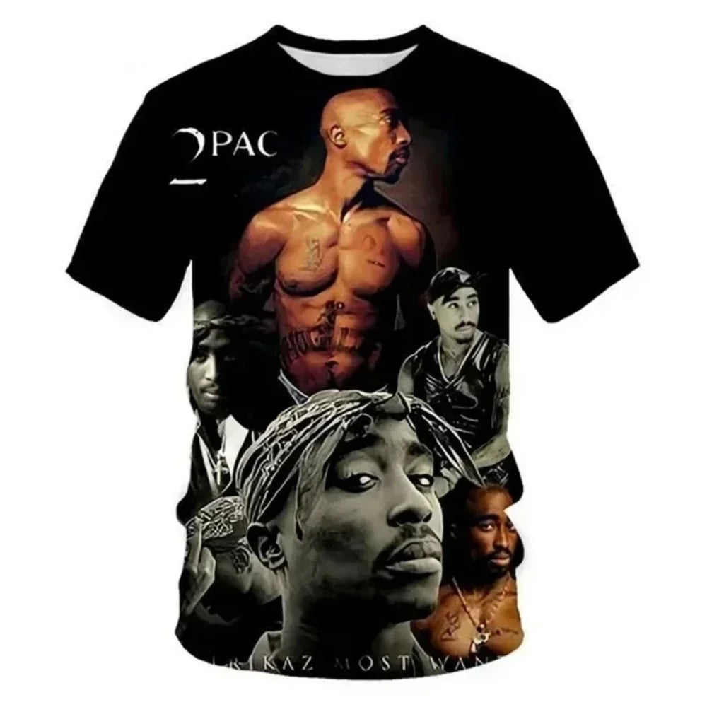 Black short-sleeved t-shirt with a fashion 2pac graphic featuring hip-hop icons for harajuku men designer clothes