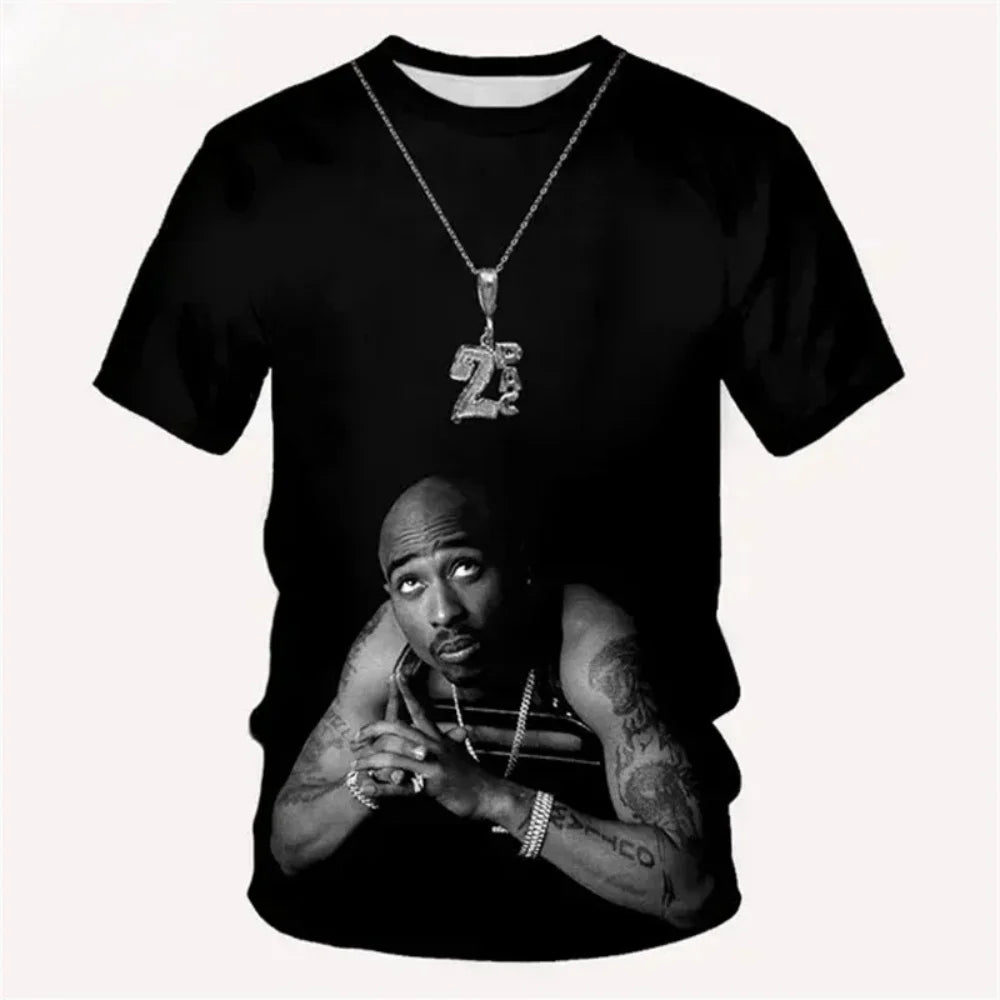 Black short-sleeved t-shirt featuring a fashion 2pac graphic printed for harajuku men and man designer clothes