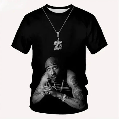 Black short-sleeved t-shirt featuring a fashion 2pac graphic printed for harajuku men and man designer clothes