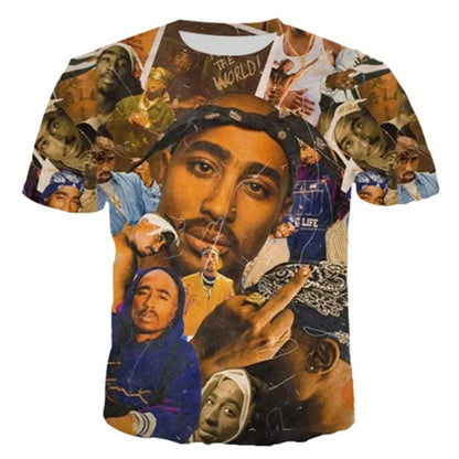 A vibrant harajuku men t-shirt featuring a fashion 2pac graphic collage for man designer clothes summer wear