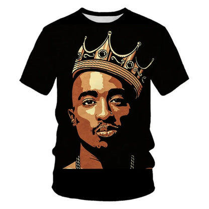 Black short-sleeved t-shirt with 3d-printed fashion 2pac graphic wearing ornate gold crown for harajuku men designer clothes