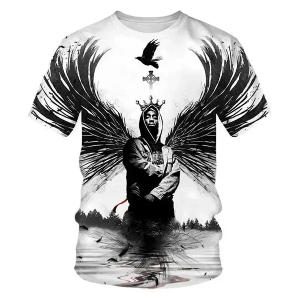 Black and white graphic tee featuring a hooded figure with wings crow and crown perfect for harajuku men fashion 2pac graphic man designer clothes