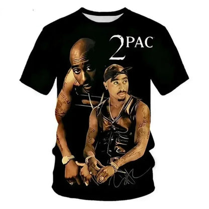 Black short-sleeved t-shirt with a detailed 3d-printed fashion 2pac graphic for harajuku men designer clothes