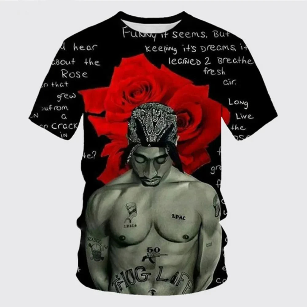 Black short-sleeved t-shirt with 3d-printed fashion 2pac graphic and vibrant red rose backdrop for harajuku men designer clothes