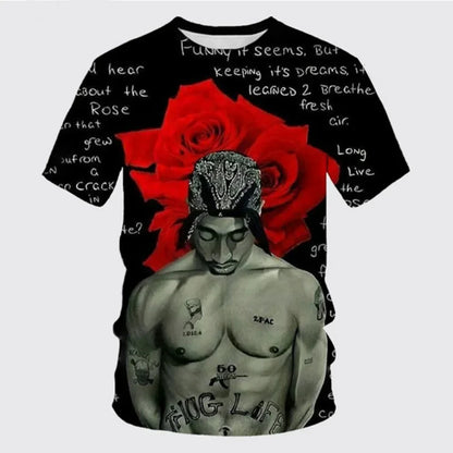 Black short-sleeved t-shirt with 3d-printed fashion 2pac graphic and vibrant red rose backdrop for harajuku men designer clothes