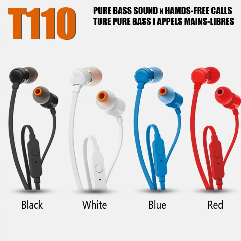 New JBL t110 wired earphones true stereo deep bass earbuds available in black white blue and red for sports use