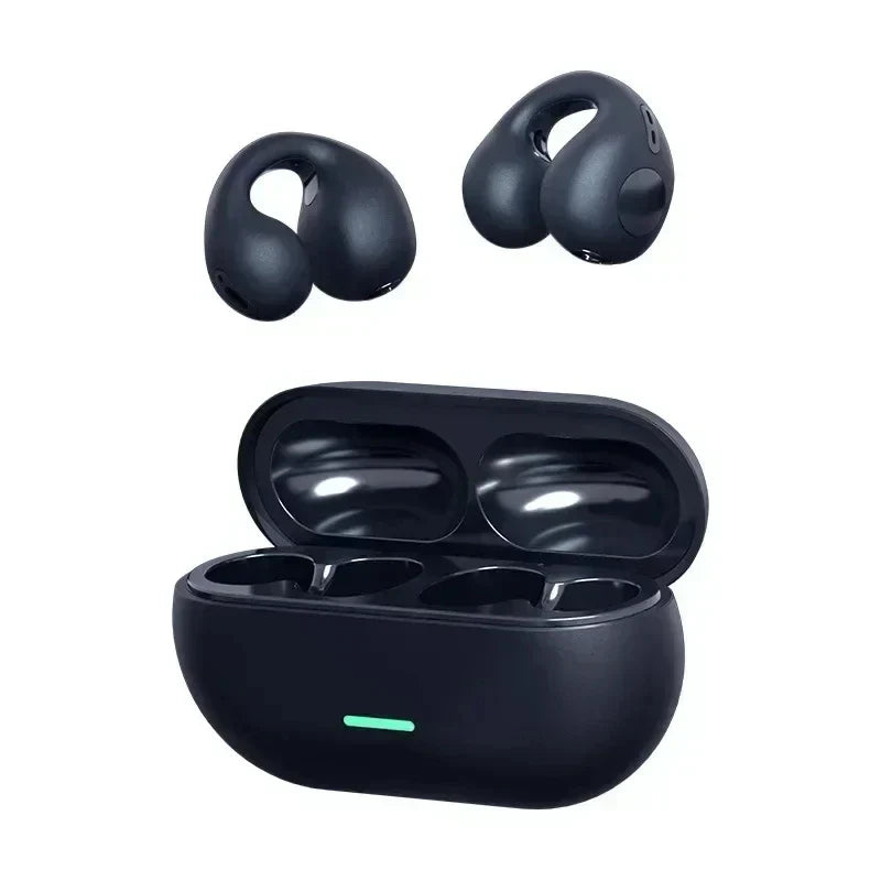 Black wireless bone conduction earbuds with noise canceling headset design and charging case for sports gaming use