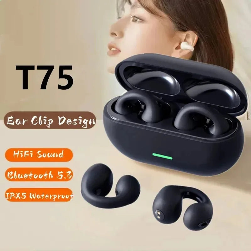Black t75 wireless bone conduction ear clip earbuds with ipx5 waterproof noise canceling headset for sports gaming