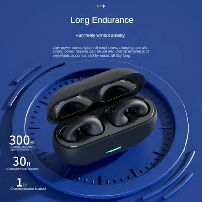 Black wireless bone conduction earbuds in a glossy charging case with green led for noise canceling headset sports gaming earphone