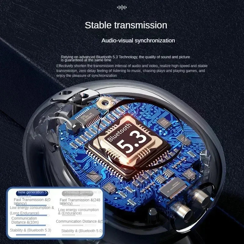 Blue circuit board with gold bluetooth 5.3 chip in silver casing for new t75 wireless bone conduction noise canceling headset