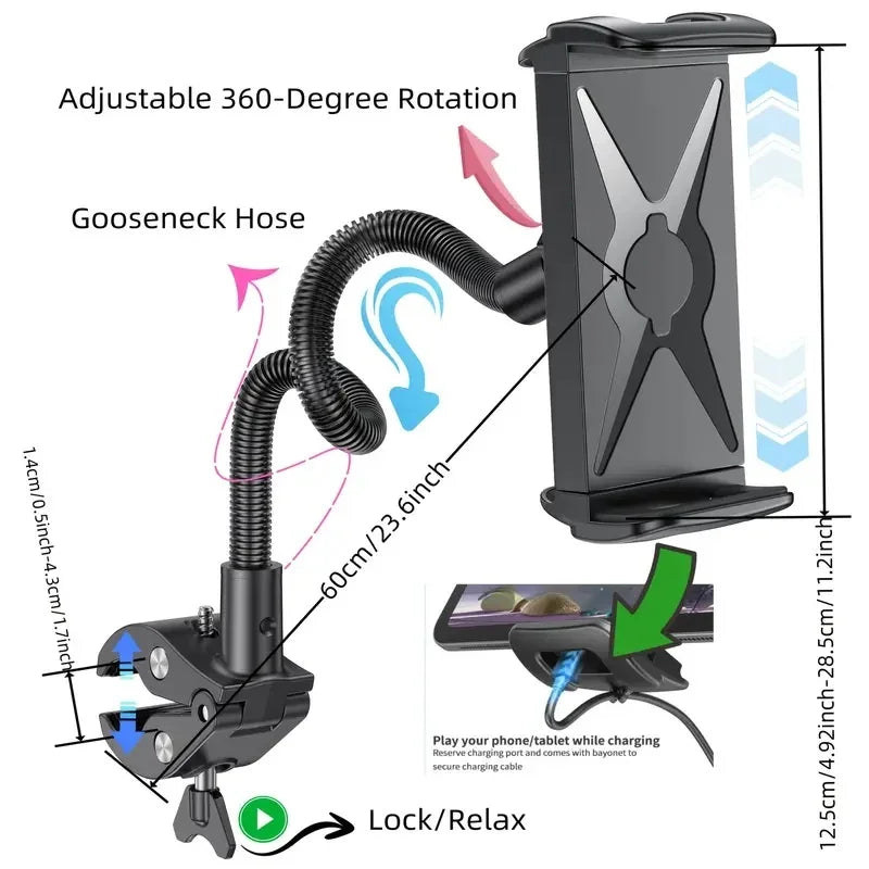 Black adjustable 360-degree rotation tablet holder phone with flexible gooseneck for music stand tablet mic stand use