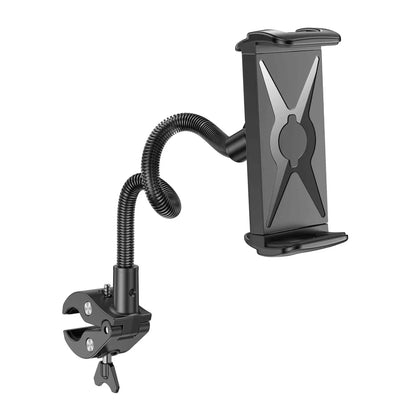 Black adjustable tablet holder phone with flexible gooseneck and sturdy clip base for music stand tablet mic stand use
