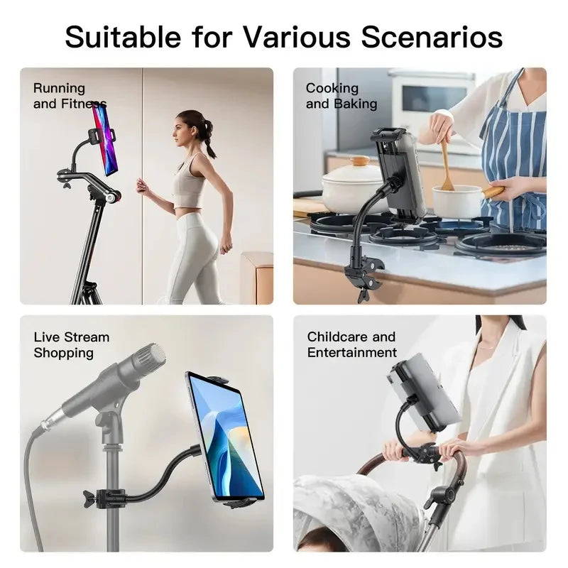 Black adjustable tablet holder phone with flexible arm and clamp for music stand tablet and tablet mic stand use