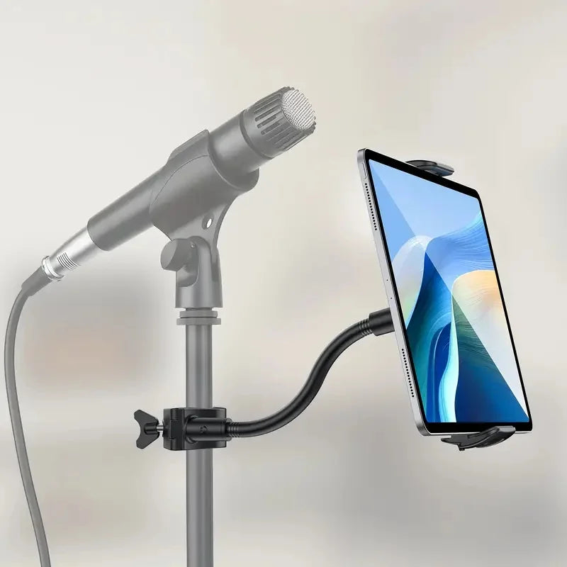 Black flexible arm tablet holder phone mounted on microphone stand for music stand tablet and tablet mic stand use