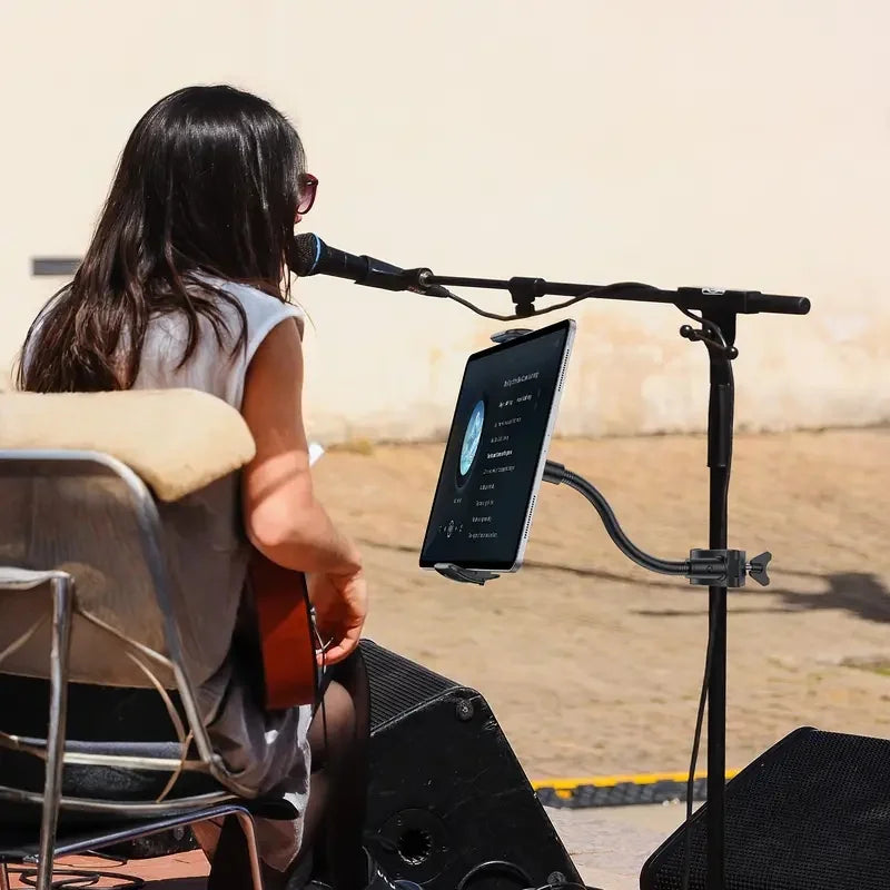 Black tablet holder phone mounted on flexible arm stand for music stand tablet and tablet mic stand use