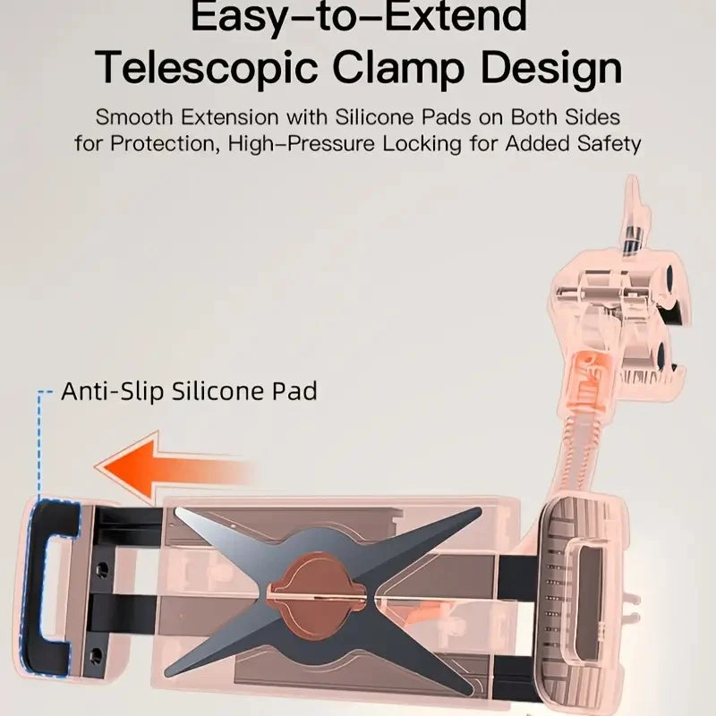 Telescopic clamp tablet holder phone with black transparent design and anti-slip silicone pads for music stand tablet use
