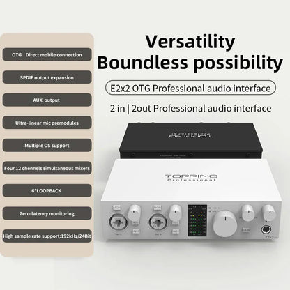 White and black topping e2x2 otg professional audio interface with knobs inputs outputs and spdif output expansion