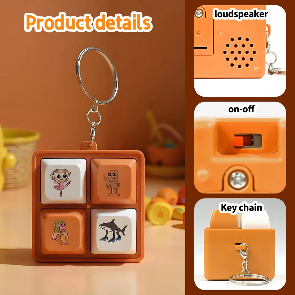Orange plastic button keychain pendant with four cartoon buttons and speaker tralala tungtungtung wooden anime decor