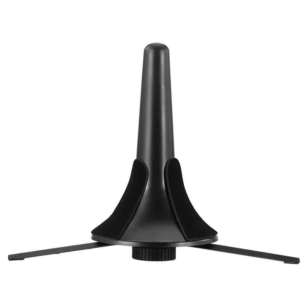 Black plastic trumpet stand portable with foldable tripod metal brass legs and padded base for wind instrument holder