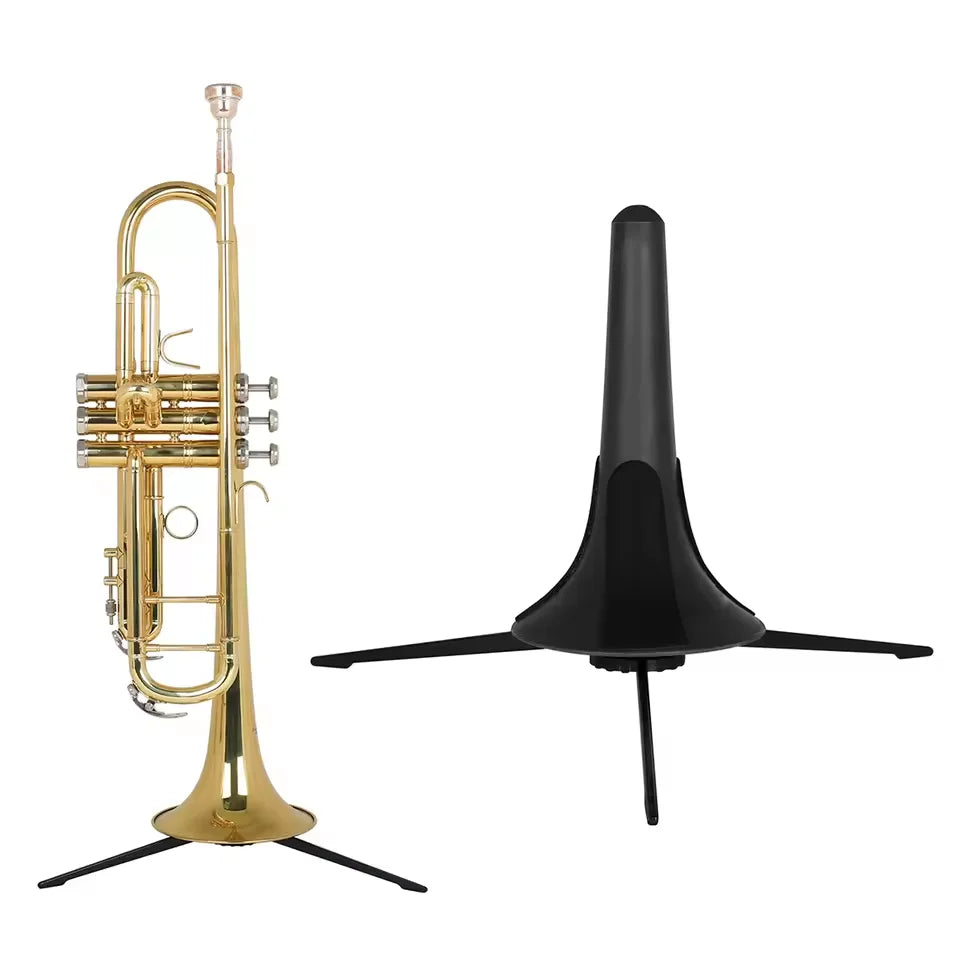 Golden brass trumpet with silver valves displayed on a black metal portable trumpet holder foldable tripod stand