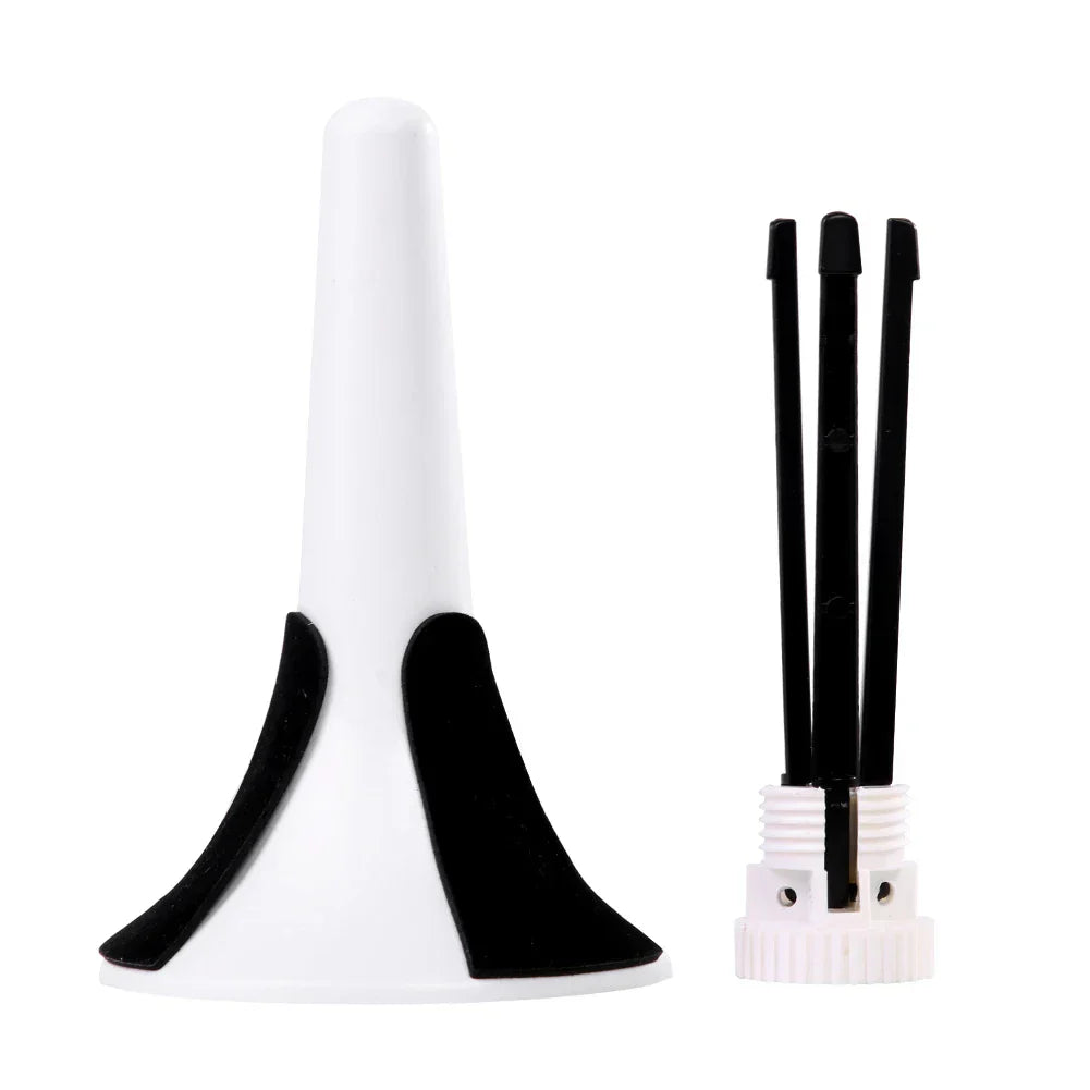 White plastic trumpet mute with black grips and tuning rods in a portable trumpet holder foldable tripod stand