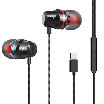 Black in-ear huawei headphones metal with red and blue accents usb-c wired bass stereo music hifi sport headset with mic