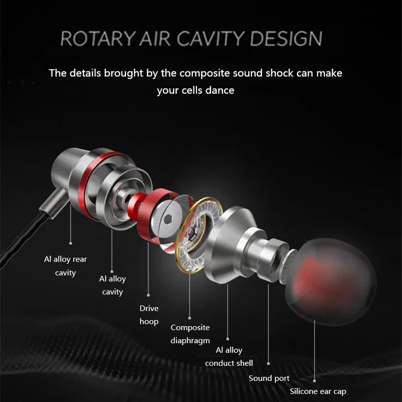 Silver and red type c usb wired earphones with rotary air cavity aluminum alloy shell hifi sport headset bass stereo music