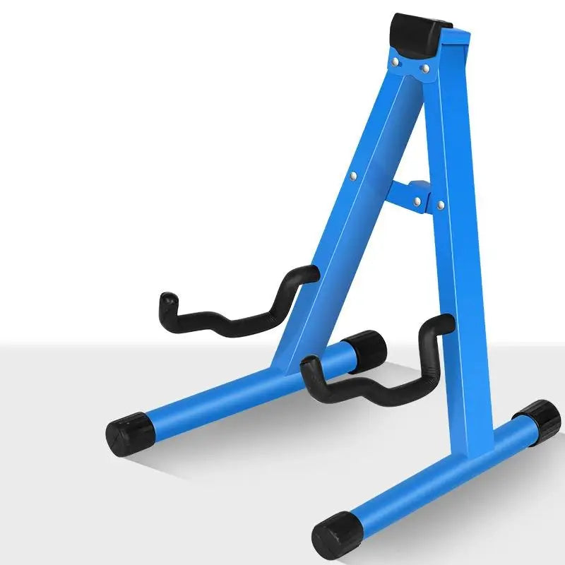 Blue metal universal electric guitar stand with black rubberized grips for electric bass guitar vertical storage