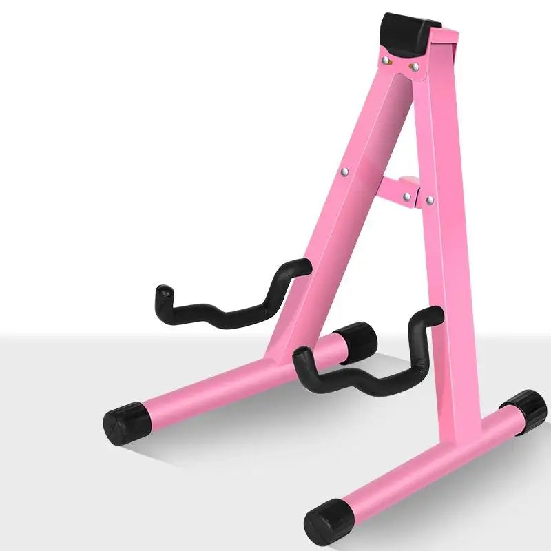 Pink metal universal electric guitar stand with black rubberized grips and feet for electric bass guitar vertical storage