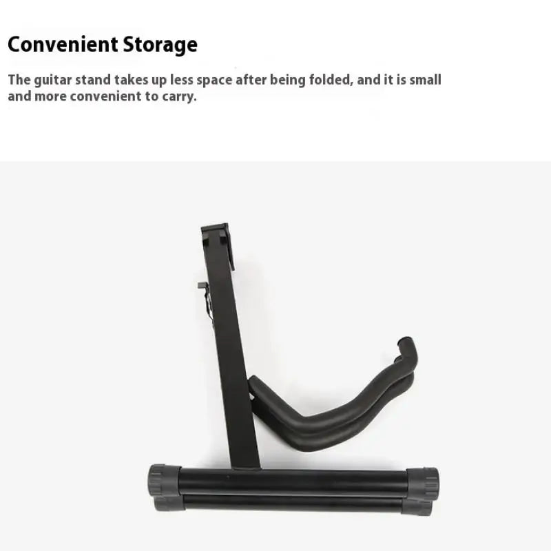Black foldable vertical guitar stand with sleek metal construction for universal electric guitar and electric bass guitar use