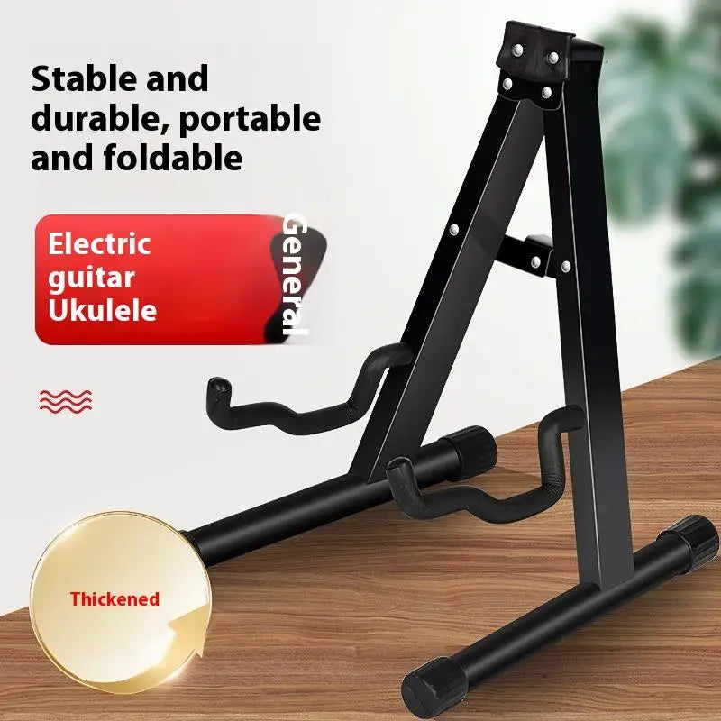 Black metal foldable universal electric guitar stand with thickened base for stable support of electric bass guitar