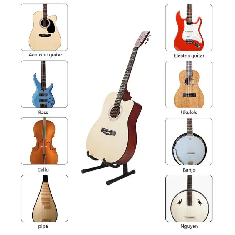 Cream-colored acoustic guitar with dark brown binding on universal electric guitar vertical stand for electric bass guitar